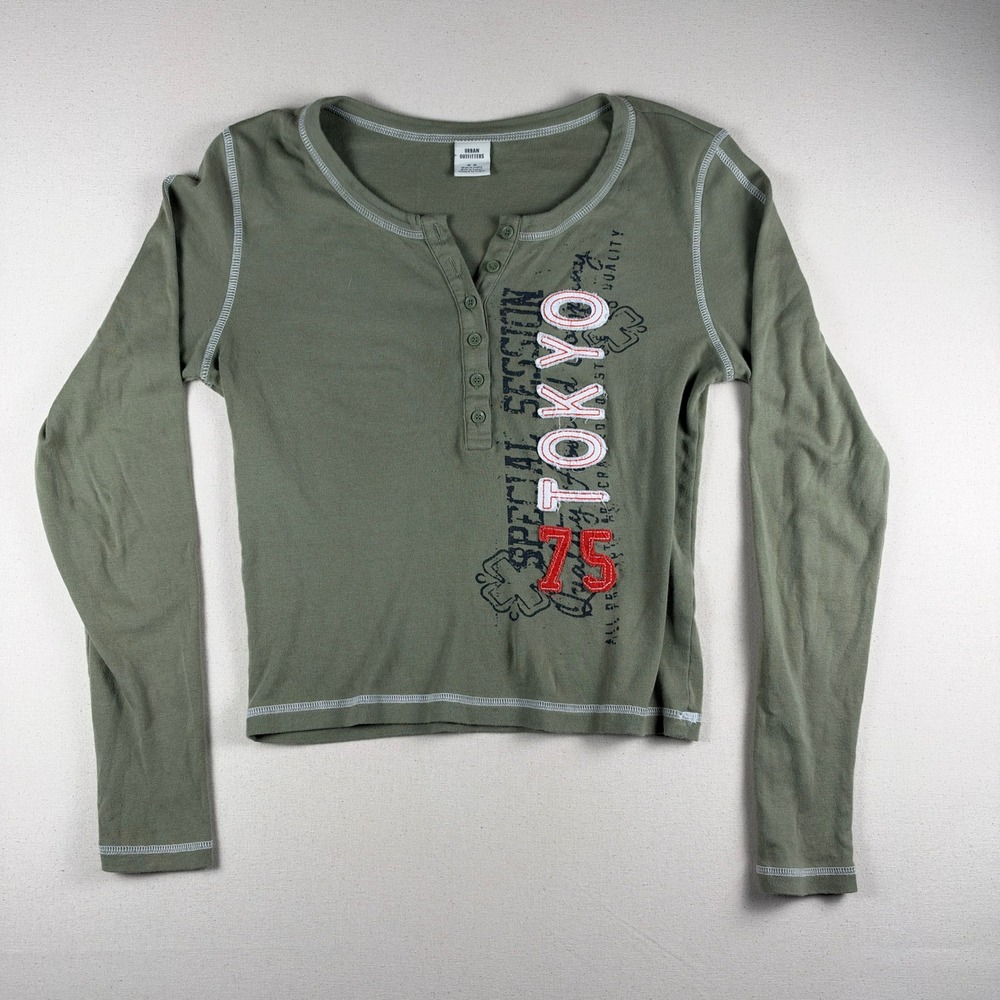 Urban Outfitters Tokyo Graphic Henley Top Olive Green Y2K Long Sleeve Medium